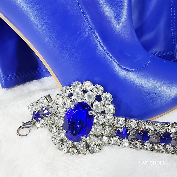 Lawless Bold Blue Stretch Leatherette Rhinestone Ankle Bracelet Thigh High Boots - Picture 6 of 17